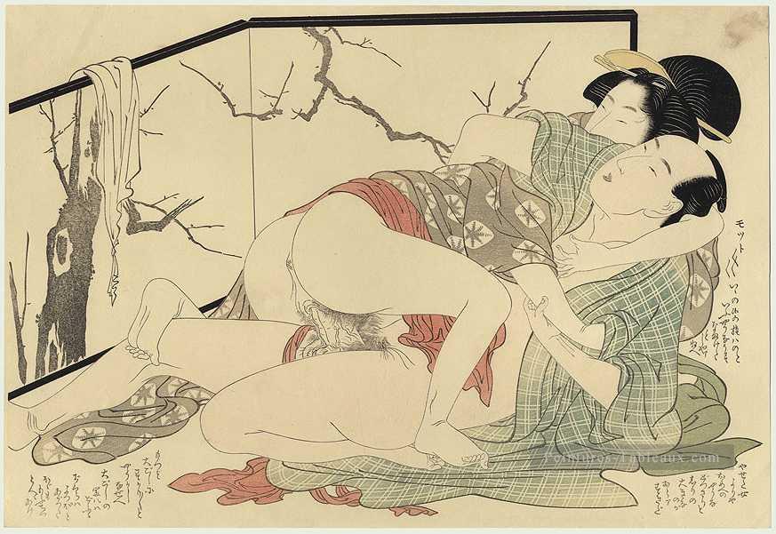 Amants devant un écran Kitagawa Utamaro ukiyo e Bijin GA Peintures à l'huile